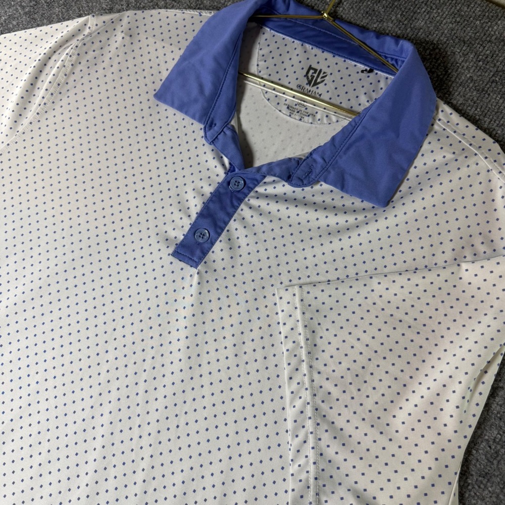 Graham Luxe Mens XL Golf Polo Shirt Blue Dot Pattern Short Sleeve‎